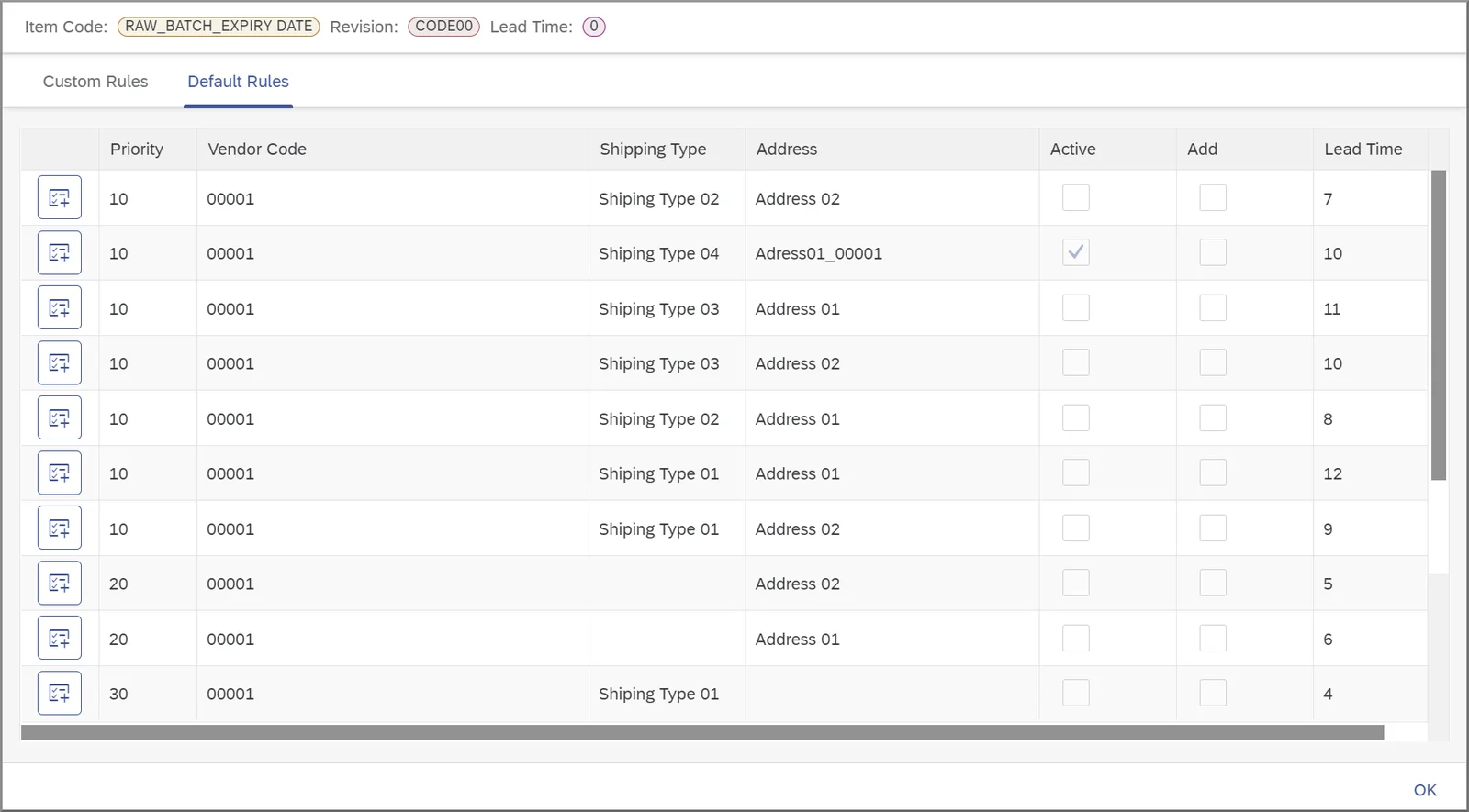 Vendor lead time rules for an item, listing priority, vendor, shipping type, address, and lead time
