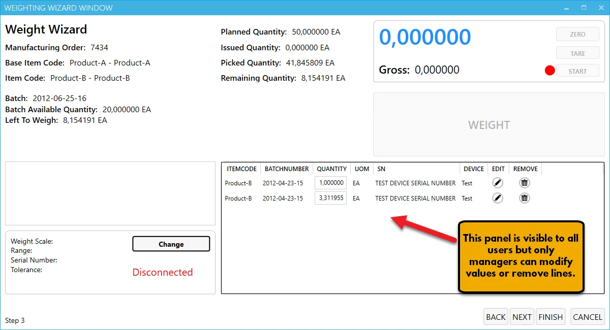 CompuTec PDC Weight Wizard with the action log panel that all users can see but only managers can edit