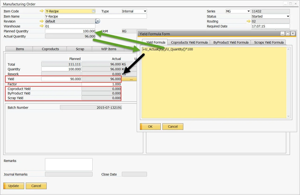 Manufacturing Order showing planned and actual yield, with the Yield Formula form calculating actual against planned quantity