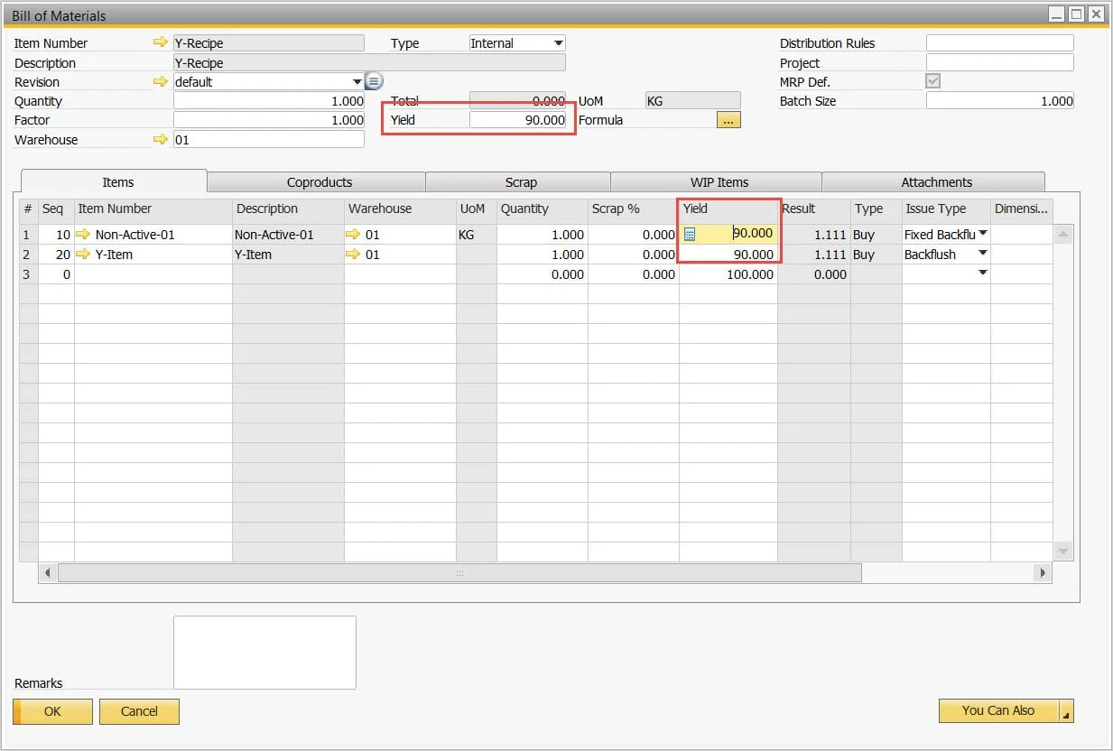 Bill of Materials with a 90% yield set for the recipe and for each component line