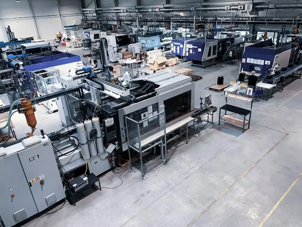 An aerial view of Zelan's injection molding factory floor