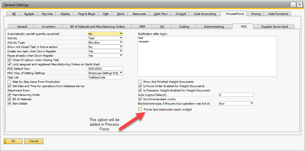 Force tare general settings